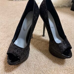 Sergio Rossi Black Glitter Peep-Toe Platforms